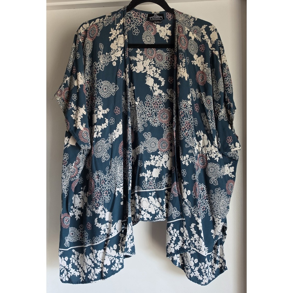 Angie Kimono M Boho Floral Teal Cream Pink Sleeveless Top Blouse Wrap